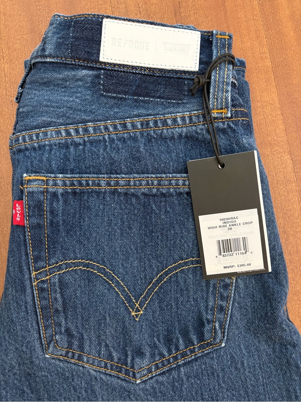 Re/Done & Levi Indigo High-Rise Ankle Crop Jeans with Gold Stitching